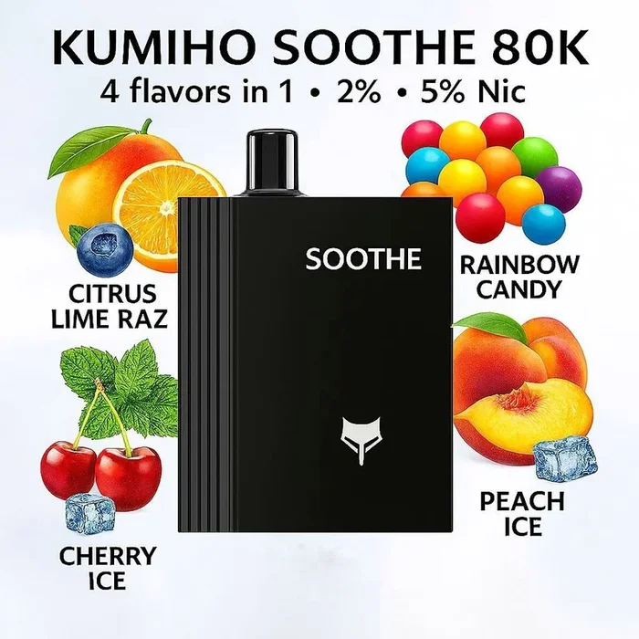 Kumiho Soothe 80K 4 flavors in 1 – 2% – 5% Nic (Citrus Lime Raz – Rainbow Candy – Cherry Ice – Peach Ice)