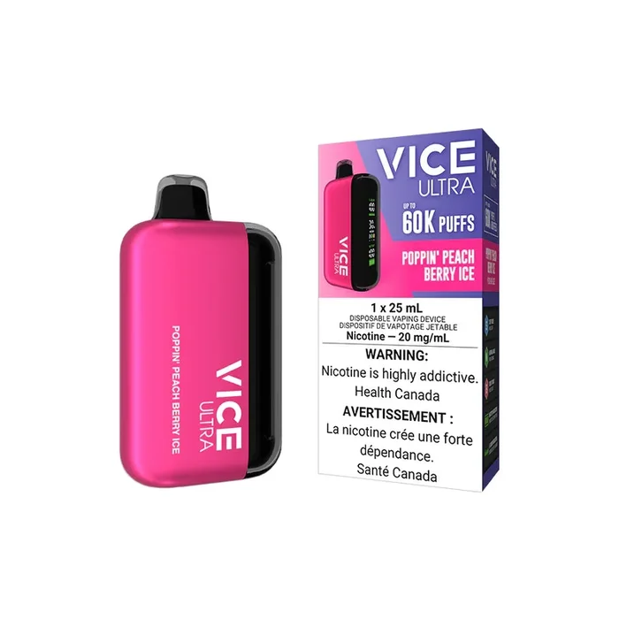 Poppin’ Peach Berry Ice by Vice Ultra 60K Puff 25mL – Disposable Vape [ON]