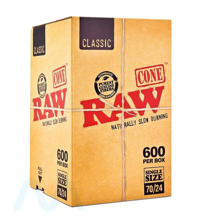 RAW | Classic Single Size Pre-Rolled Cones | 70mm – Unbleached Paper – 600 Count