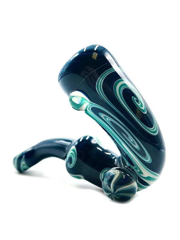 Simple Glass – Blue and White Swirl Elongated Sherlock with Encased Opal (5 “)